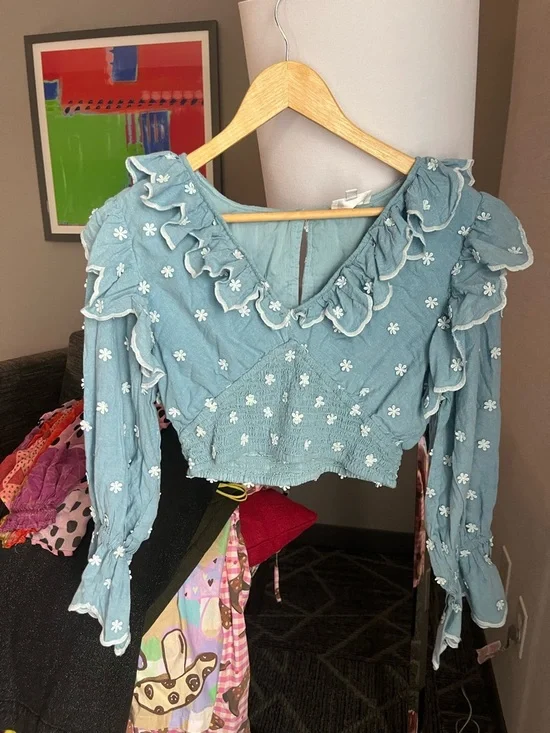 Anthropologie Hannah Lynn chambray embroidered smocked crop top longslv blouse - Picture 6 of 12